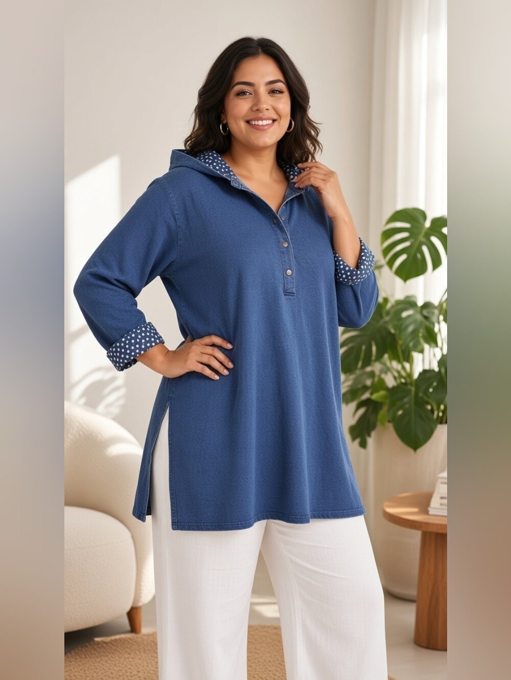 Wild Palms Denim & White Polka Dot Accent Hooded Henley XXL NWT